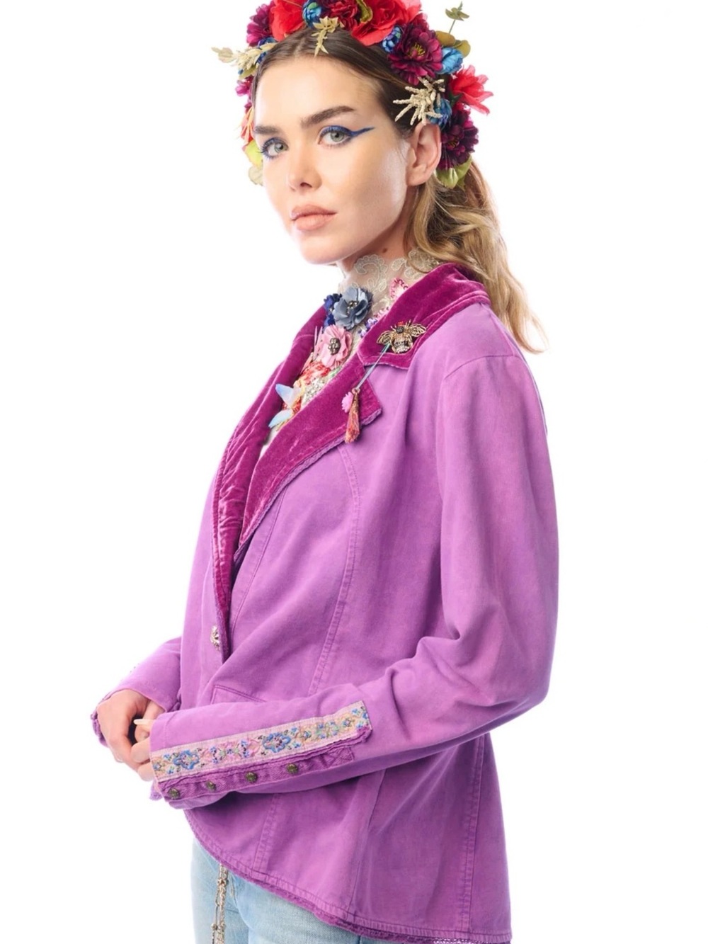 Aratta Colonel Velvet-Trim Blazer Jacket in Violet #boho #cottagecore #tailored - Picture 5 of 8